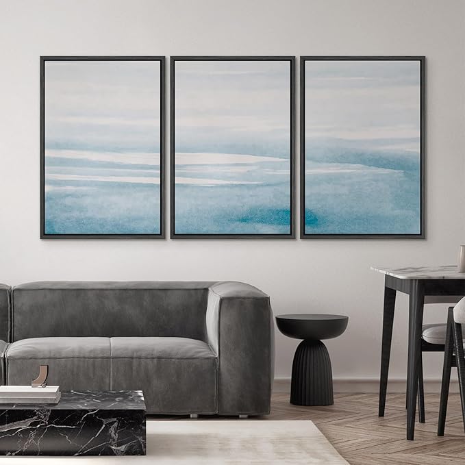 SIGNWIN 3 Piece Framed Canvas Wall Art Blue Sky Watercolor Nature Wilderness Illustrations Abstract Traditional Relax/Calm Home Artwork Decoration for Living Room,Bedroom - 16"x24"x3 Black