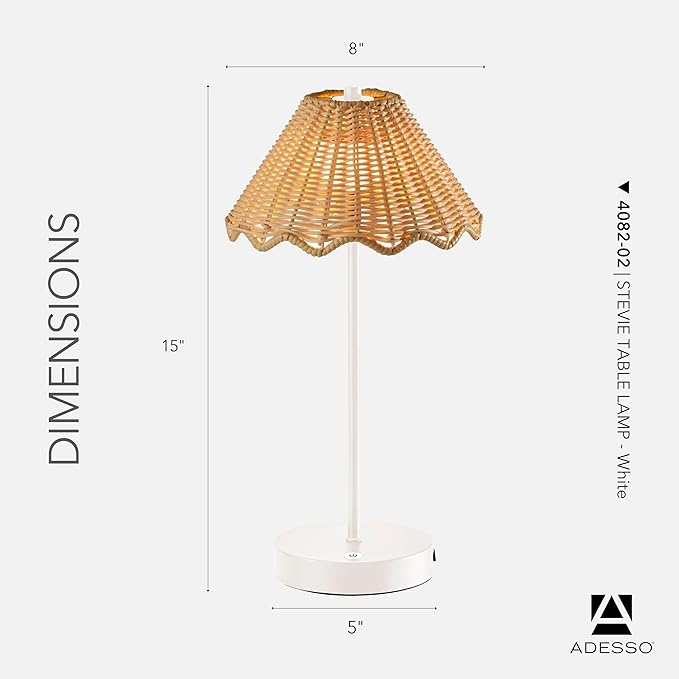 Adesso Cordless Table Lamp with 3-Level Touch Dimmer & Built-in Rechargeable Battery – 15" Tall Touch Lamp, White Finish