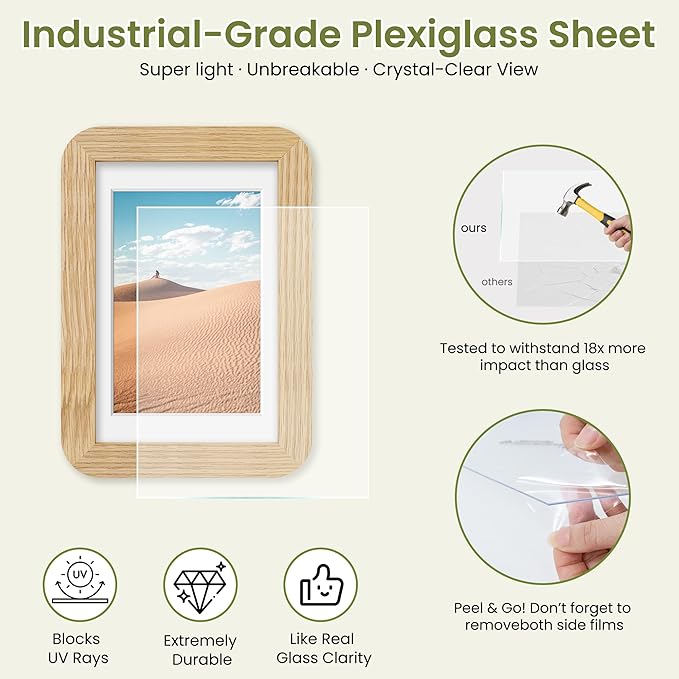 4x6 Round Corner Picture Frame, Solid Oak Wood Photo Frame With Mat For 3.5x5, Shatterproof Plexiglass Includes Hanging Hardware For Wall Hanging Or Tabletop Display Frame, Natural Oak, 3 Pack