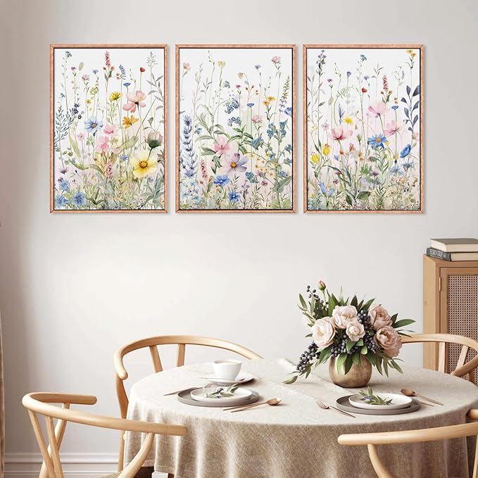 HPINUB Colorful Flower Framed Canvas Wall Art Set, Watercolor Daisy Floral Wall Decor, Wildflower Green Leaf Wall Painting, Multicolour Botanical Art Print for Living Room, Bedroom, Office - 16"x24"x3