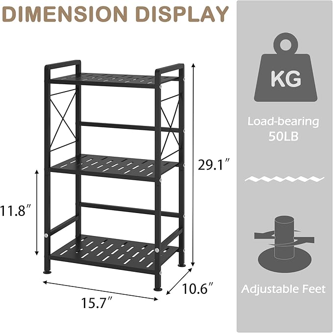 JSB 3 Tier Metal Bookshelf Bathroom Storage Standing Shelf Unit Kitchen Storage Organizer Display Rack Bookcases Shelves for Living Room, Bedroom, Office (Widen Black, 3 Tier)