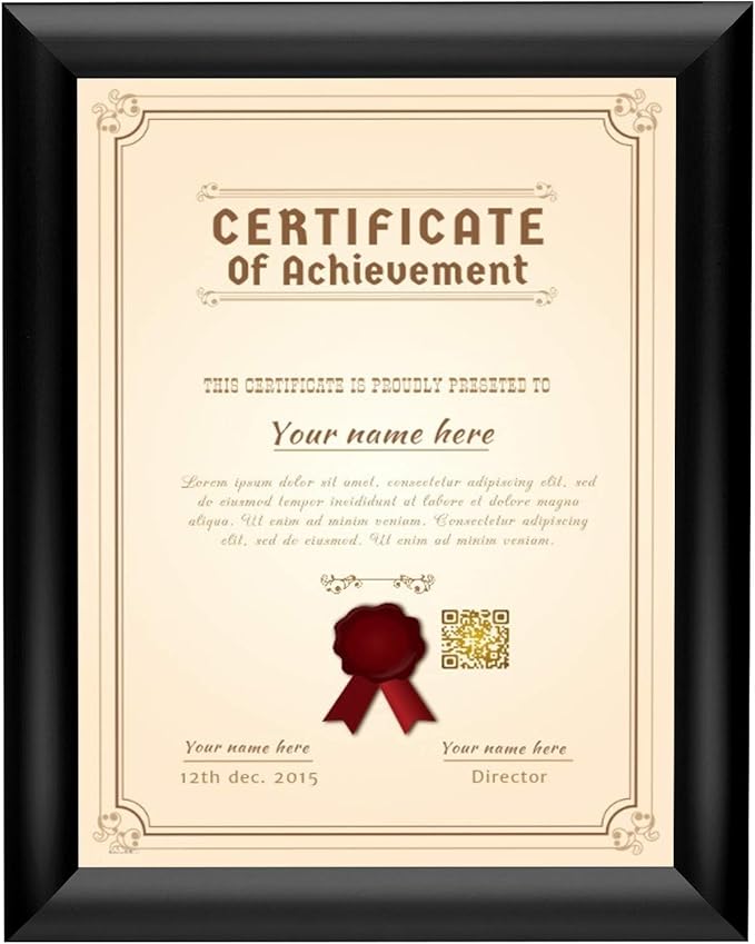 SnapeZo Black Certificate Frame 8.5x11, Front-Loading Aluminum, 1 Inch Profile, Front-Loading Snap Frame, Wall Mounting