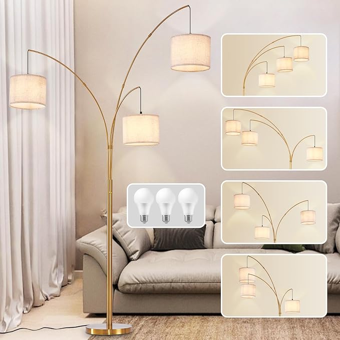 DLLT Modern Floor Lamp for Room: 3-Light Gold Tree Dimmable Floor Lamps with Beige Shades for Living Room - Arc Standing Lamp for Bedroom - Tall Floor Lamp for Office Corner 3 LED Bulbs Included