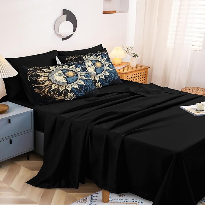 Sun and Moon Comforter Set Black Boho Bedding Set Celestial Galaxy Starry Space Bedding Comforter Mandala Exotic Black Bed in A Bag King Size