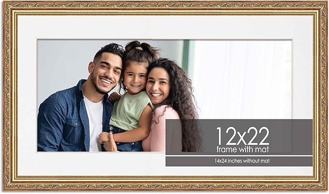 12x22 Frame with Mat - Antique Gold 14x24 Frame Wood Made to Display Print or Poster Measuring 12 x 22 Inches with White Photo Mat