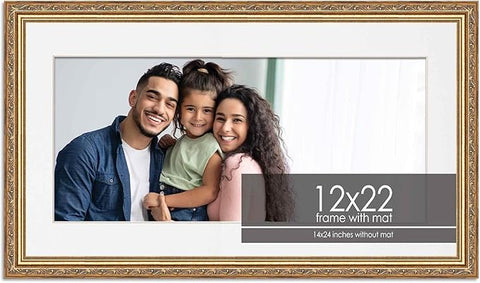 12x22 Frame with Mat - Antique Gold 14x24 Frame Wood Made to Display Print or Poster Measuring 12 x 22 Inches with White Photo Mat