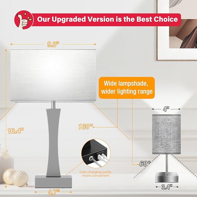 Bedside Lamps for Night Stands - 3 Way Dimmable Table Lamp for Bedroom with USB C+A Ports,Modern Bedside Lamps Set of 2, Touch Lamps for Nightstands(Grey)