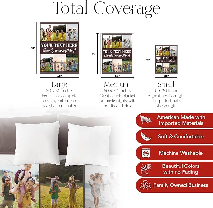Ships Next Day, Custom Blanket with Picture and Text - Printed in USA, Personalized Photo Blanket with Text (Fleece 50x60)