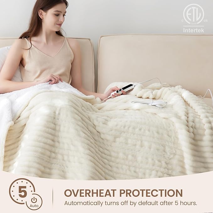Heated Blanket Electric Blanket 50"x60", Soft Flannel Sherpa Electric Throw with 5 Heating Level & 1-12 Hour Auto Off, Heated Throw with Overheating Protection, Machine Washable (Beige)