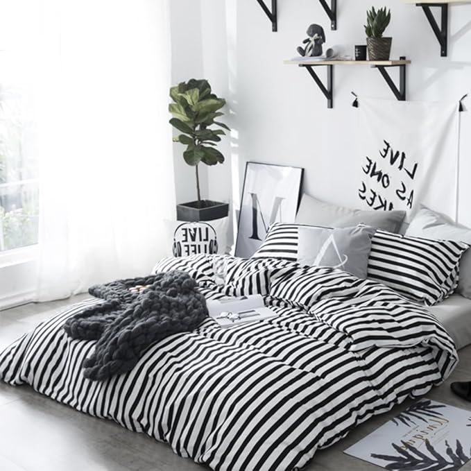 CLOTHKNOW Striped Comforter Set Queen Black and White Bedding Comforter Sets All Season Farmhouse Comforter Queen with 2 x Pillow Cases