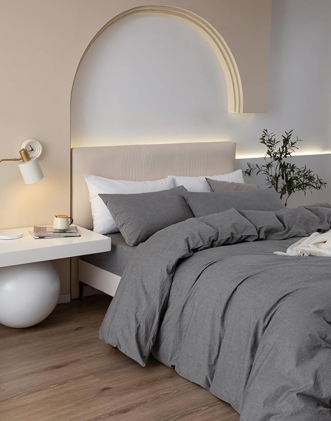 JIYUAN 100% Washed Cotton Duvet Cover Set 3 PCS Oversized King, 1 Duvet Cover 120"x98" (Comforter Not Included) and 2 Pillowcases,Linen Feel Bedding Set Comfy and Breathable, Heathered Dark Grey