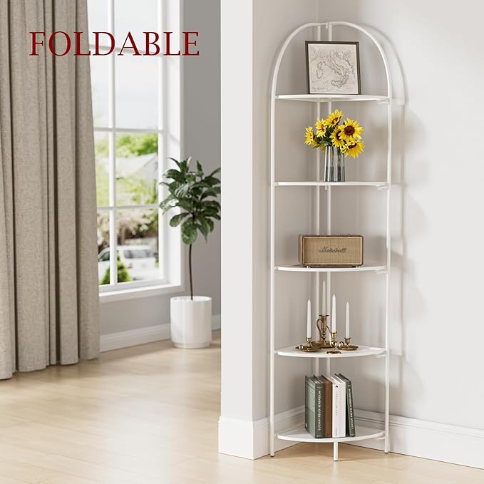 Crofy Foldable 5 Tier Corner Shelf, Metal Corner Plant Stand with White Frame and White Shelves, Corner Display Rack Multipurpose Shelving Unit for Living Room, Bedroom, Bathroom