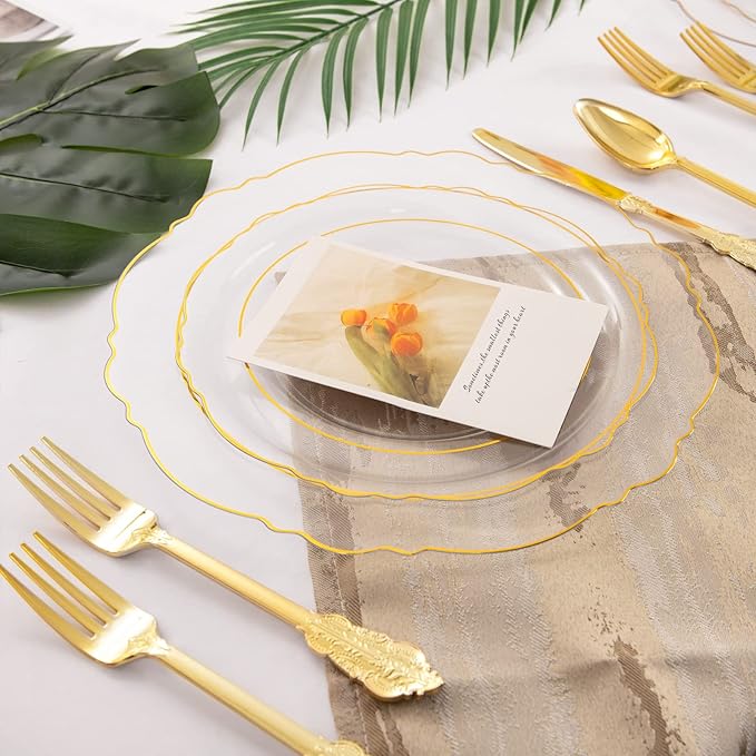 WDF 100pcs Clear Disposable Plastic Plates With Gold Trim - Baroque Clear Gold for Parties or Wedding or Father's Day - including 50PCS Dinner Plates 10.25inch and 50PCS Salad Plates 7.5inch