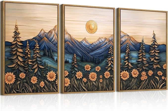 Large Natural Floral Mountain Framed Canvas Wall Art,Vintage Forest Wall Decor,Boho Abstract Moonlight Landscape Artwork,Mid Century Scenery Art Print for Living Room,Bedroom,Office- 24"x36"x3