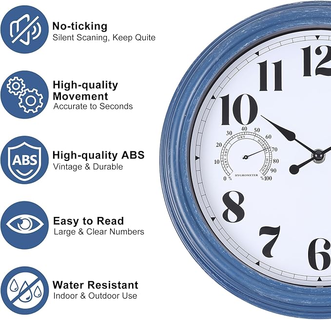 12 inch Outdoor Wall Clock, Plastic Waterproof Outdoor Clock with Temperature & Humidity, Water Resistant Wall Clocks for Patio Garden, Blue