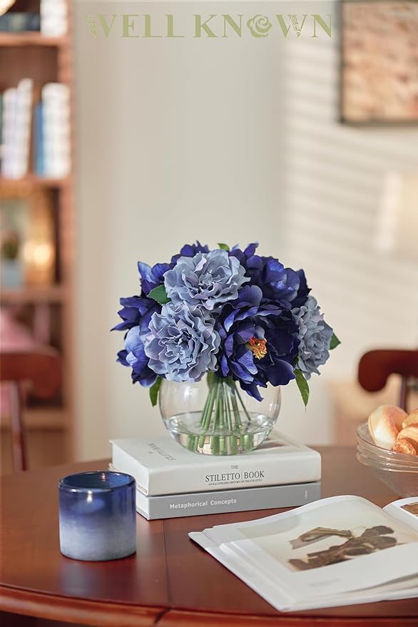 WELL KNOWN Artificial Flowers in Vase, Artificial Flowers for vase with Faux Water for Coffee Table Decor, Silk Fake Flower Arrangements Peonies Table Centerpieces (Blue)