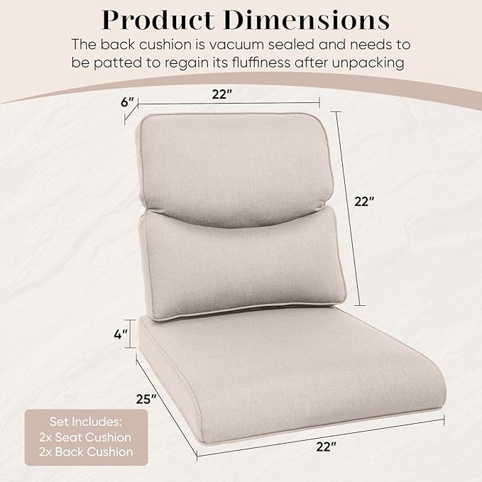 Outdoor Chair Cushions Set of 2-22 x 25 Inch Fade Resistant Patio Chair Cushions Outdoor Seat Cushions for Patio Furniture Chair Sofa Couch-Beige