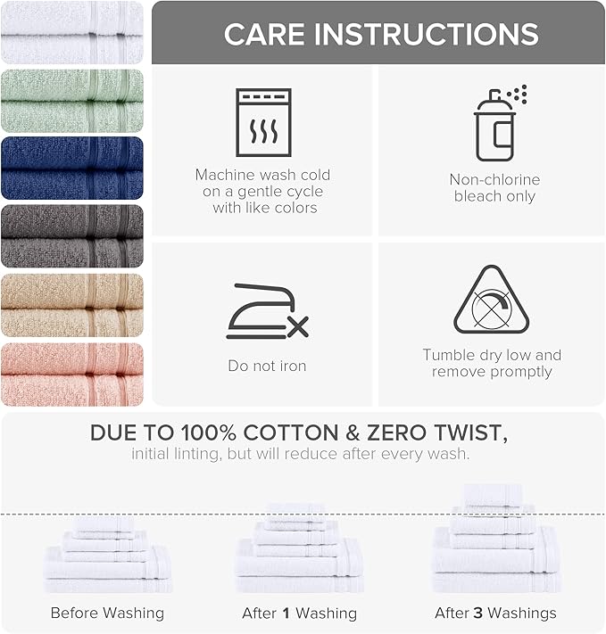 Comfort Spaces Towel Set for Bathroom 6 Piece Luxury Bath Towel Set 2 Hand Towel for Bathroom 2 Washcloth 2 Large Bath White Towel Sets 100% Cotton Quick Dry Towel Zero Twist Soft Lightweight Hotel
