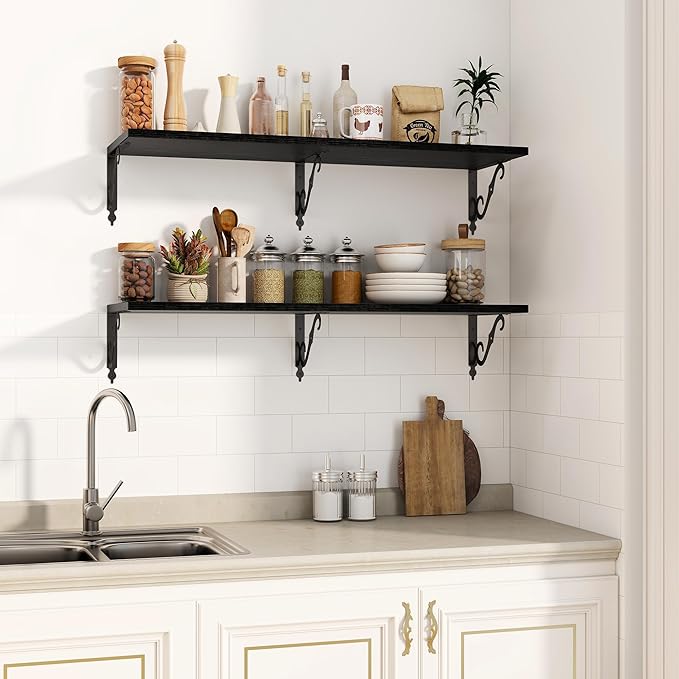 40 Inch Floating Shelves Wall Mounted, 12 Inch Deep Wall Shelves with Bracket, Rustic Hanging Bookshelf, 40" Bookshelves for for Living Room, Kitchen and Bedroom, Black, Set of 2