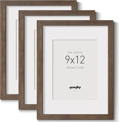 Yaetm 9x12 Picture Frame with Mat for 6x8 - Brown Walnut, Rustic Solid Wood Photo Frame 9 x 12 with Tempered Glass for Art Print & Picture, Horizontal and Vertical Wall Mount (3 Pack, Walnut)