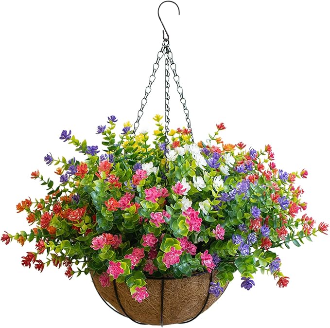 Artificial Hanging Plants Flowers with Basket for Spring Summer Outdoor Decoration, Yellow Purple White Orange Pink Red