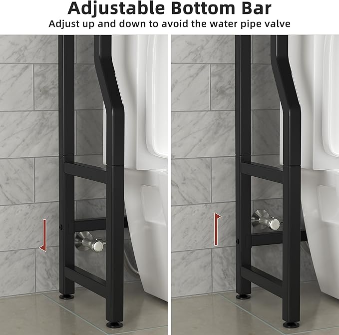 3 Tier Over The Toilet Storage Rack with Toilet Paper Holder, Metal Freestanding Bathroom Shelves with 4 Hooks, Over Toilet Storage Shelf for Bathroom Storage, Black