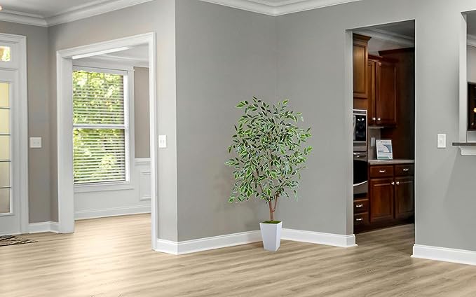 Artificial Ficus Tree 5ft, Faux Plant with White Tall Planter, Fake Ficus Leaves Plants in Pot, Artificial Floor Trees for Home Living Room Office Bedroom Foyer Porch Decor Indoor