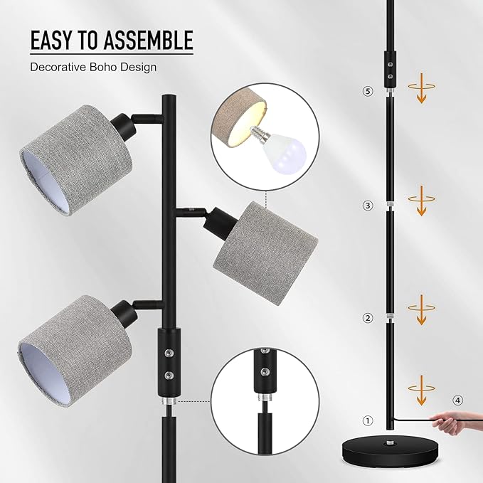 BoostArea Floor Lamps for Living Room, 3 Color Temperature, 3-Light Tree Standing Lamp, Minimalist Floor Lamp with Grey Lamp Shades Modern Pole Lamp for Bedroom Office Kids Room, Black (5W LED Bulbs)
