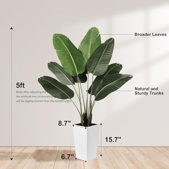 Bird of Paradise Artificial Plant 5ft - Faux Tropical Palm Potted Tree with White Planter - 5 Feet Fake Plants Areca Palm Tree Banana Leaf Plant in Pot for Home Office Decor