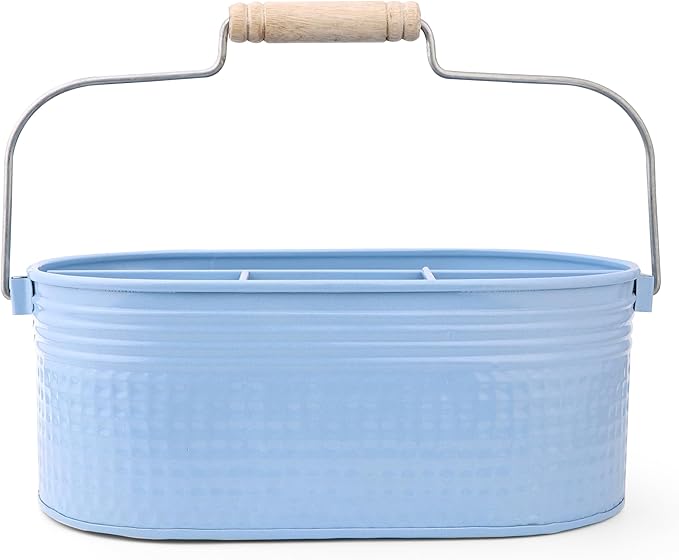 Alpha Living Home Galvanized Utensil Holder with Handle - 4 Compartment Silverware Caddy,Flatware Organizer for Kitchen, Countertop, Dining Table, BBQ, Picnic, Party, Farmhouse, Décor (Blue)