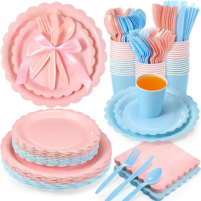 350 Pcs Pink Blue Plates and Napkins, 50 Guest Spring Party Supplies Include Scalloped Paper Plates Napkins Cups Plastic Spoons Forks Knives Disposable Tableware Set for Baby Shower