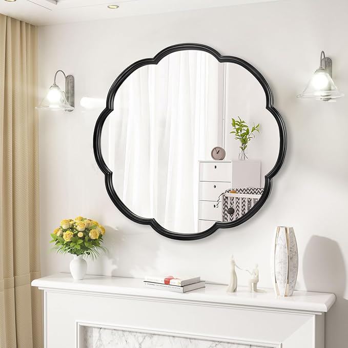 24" Black Mirrors for Wall, Flower Pattern Scalloped Decorative Accent Wall Mounted Mirror, Round Metal Frame Hanging Vanity Mirror Decor for Bathroom, Entryway, Bedroom