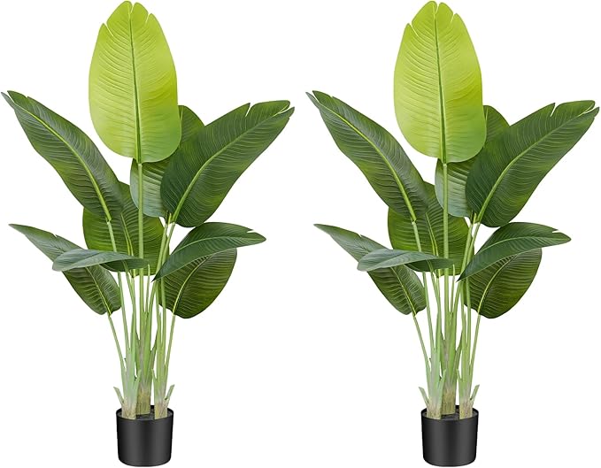 Lifelike Bird of Paradise Artificial Plant,4ft Faux Banana Leaf Tree with 9 Trunks - Perfect Indoor Silk Floor Plant for Home Decor in Living Room, Office, and Bedroom (Set of 2)
