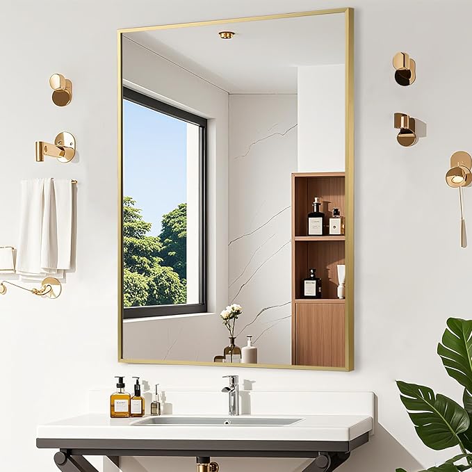 Gold Bathroom Mirror, 22"x30" Rectangle Mirror, Brushed Gold Mirror, Metal Frame Square Corner Vanity Mirror, Wall Mounted Mirror for Modern, Living Room, Bedroom, Horizontal Or Vertical