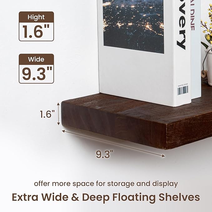 fuqing 30 Inch Floating Shelves for Wall - 9.3 Inch Deep Natural Wood Shelves Set of 2-30W x 9.3D x 1.6H Wall Mounted Shelves with Upgraded Metal Brackets for Room Wall