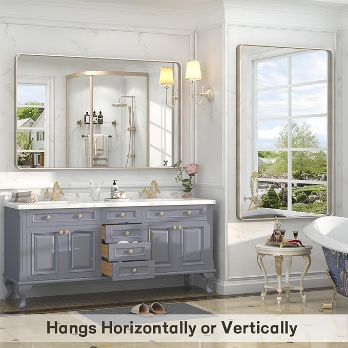 48x36 Inch Brushed Nickel Bathroom Mirror, Brushed Silver Metal Framed Wall Mirror, Rounded Corner Rectangle Modern Vanity Mirror, Tempered Glass, Anti-Rust, Shatterproof (Horizontal/Vertical)