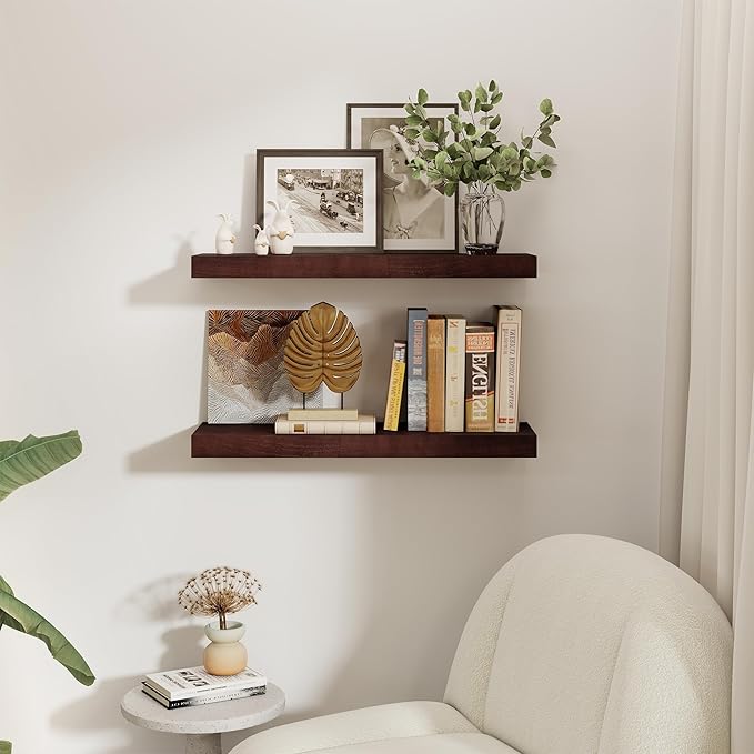 fuqing 30 Inch Floating Shelves for Wall - 9.3 Inch Deep Natural Wood Shelves Set of 2-30W x 9.3D x 1.6H Wall Mounted Shelves with Upgraded Metal Brackets for Room Wall