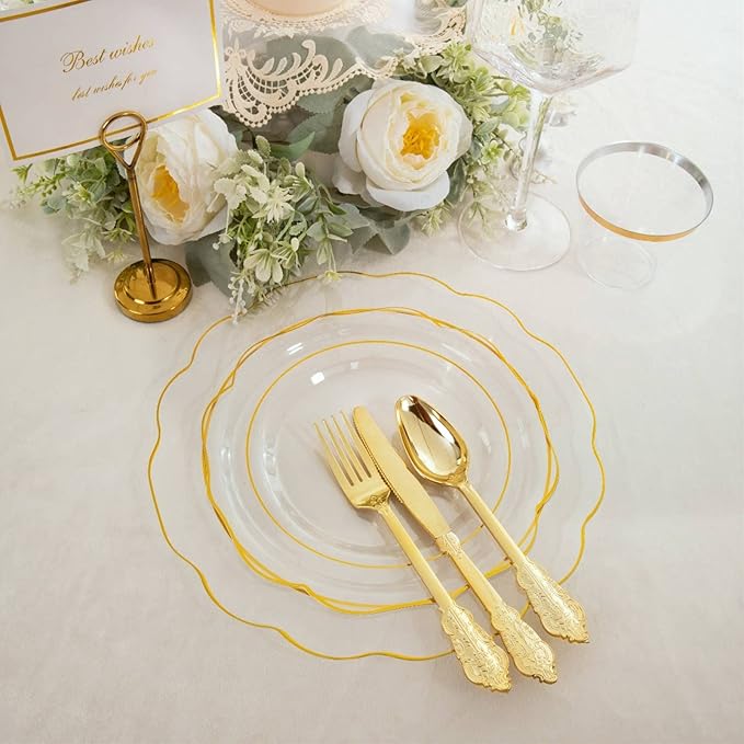 NOCCUR 50Guest Gold Rim Clear Plastic Plates&Disposable Silverware Cups-Include 100Plastic Plates, 150Gold Utensils, 50Cups and 50Napkins-Idea for Wedding&Party