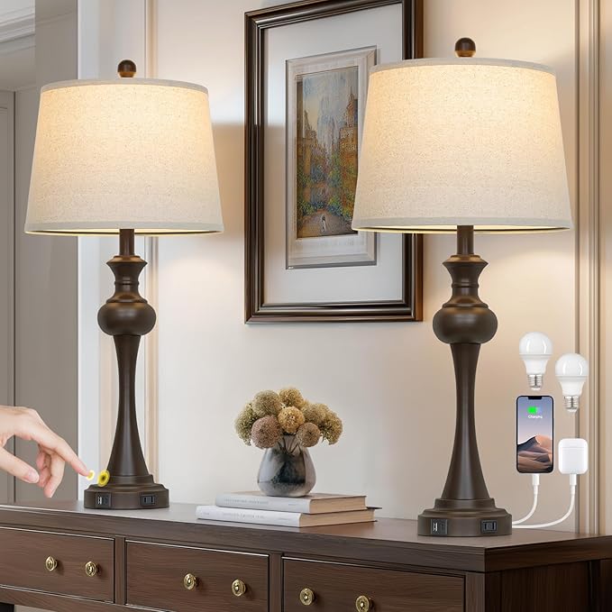 Touch Table Lamps Set of 2, 28.75" Tall Bedside Lamps with USB C+A Ports, 3-Way Dimmable Table Lamp, Nightstand lamps for Bedroom, Living Room, Office, Brown Lamps with Beige Lampshade, Bulbs Included