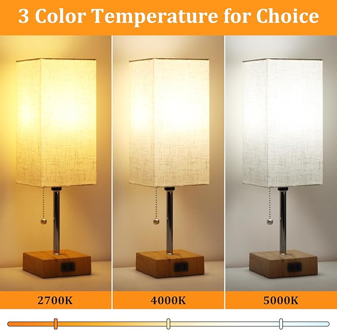 Table Lamp for Bedroom set of 2,3-Color Bedside Lamps with Pull Chain Table Lamps for Nightstand with AC Outlets,Small Night Light Lamps with 2 Bulbs Lamps for Living Room Kids Room Office Decor（Wood）