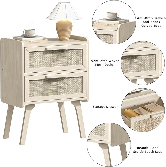 Lerliuo Rattan Nightstands Set of 2, Boho Night Stand with 2 Drawers, Cane Accent Side End Table, Bedside Table with Solid Wood Legs for Bedroom, Dorm and Small Spaces (Grey Oak)