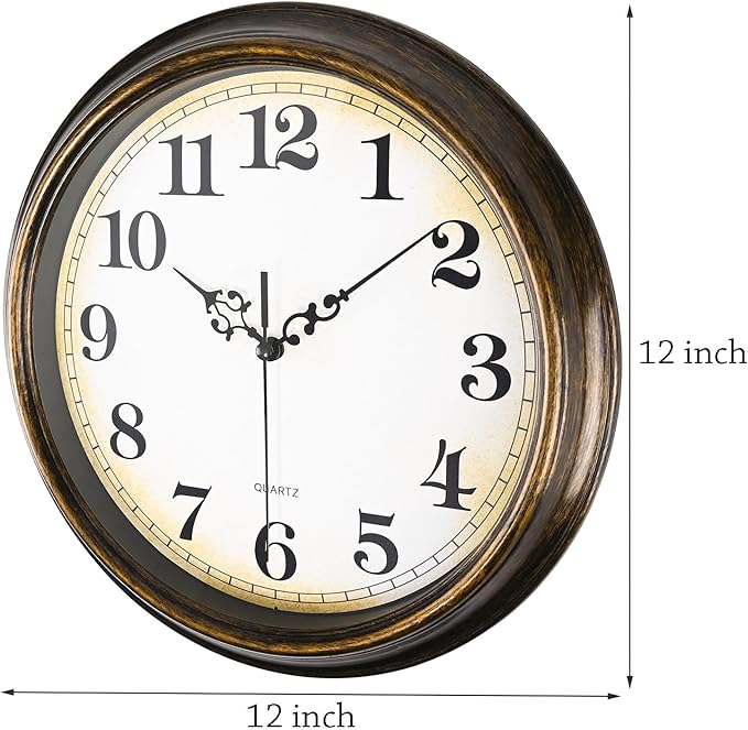 Wall Clock Battery Operated Silent Non-Ticking Vintage Wall Clocks for Kitchen, School, Living Room (12Inch, Bronze)