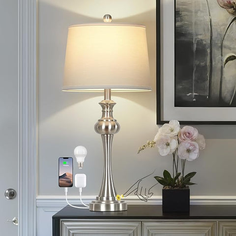 28.75" Silver Table Lamps for Living Room,Touch Lamps for Bedrooms Bedside Lamp 3-Way Dimmable Touch Control, Modern Silver Nightstand Lamp Fabric Shade Mid Century Accent Style（Bulb Inclued）