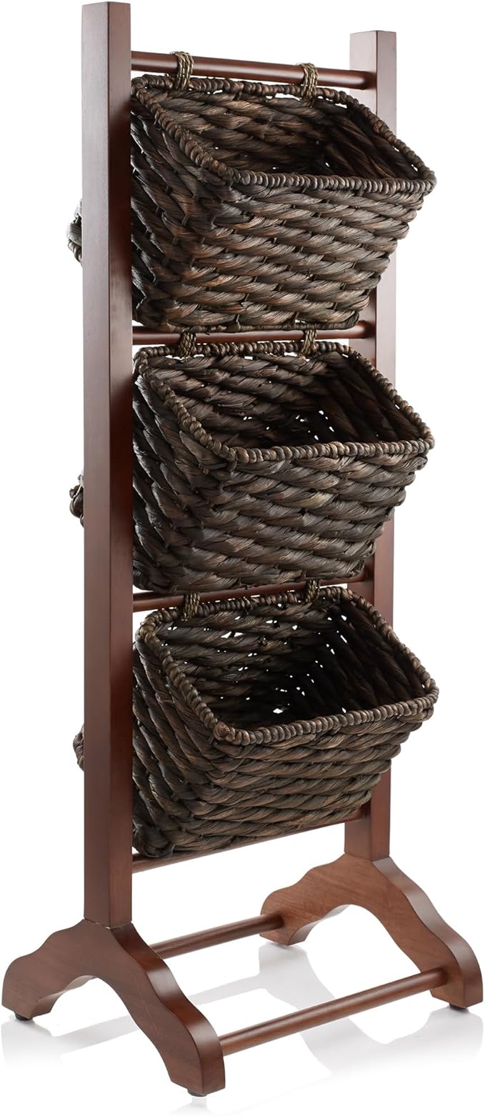 Casafield 3-Tier Floor Stand with Water Hyacinth Storage Baskets, Walnut/Espresso - Standing Organizer Rack for Bathroom, Kitchen, Laundry, Living Room