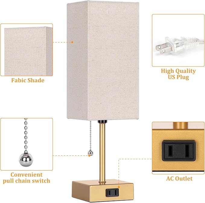 Table Lamp for Bedroom set of 2,3-Color Bedside Lamps with Pull Chain Table Lamps for Nightstand with AC Outlets,Small Night Light Lamps with 2 Bulbs Lamps for Living Room Kids Room Office Decor（Gold）
