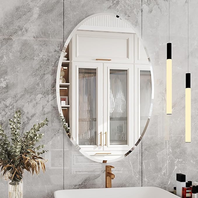 KOHROS Frameless Oval Mirror 20" x 28" Bathroom Wall Mirror w/Polished Beveled Edge, Anti-Rust, Tempered Glass (Silver)