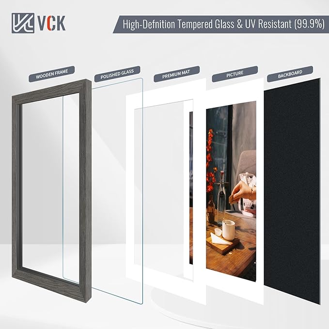 VCK 12x18 Picture Frame 5 Pack - Grey, High-End Wood Poster Frames with Tempered Glass, Display 11x17 Photo with Mat or 12x18 without Mat, Art Gallery-Quality, Wall Hanging, Grey