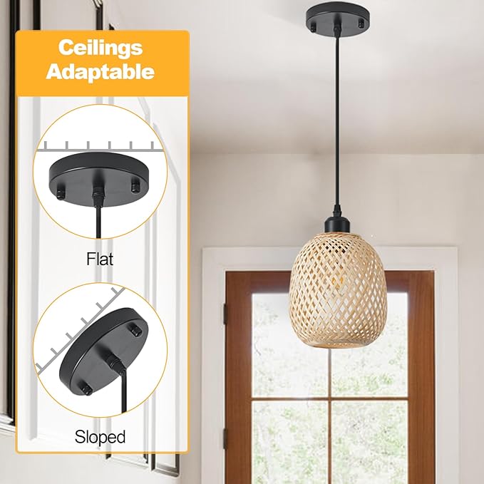 TERLEENART Hanging Light Fixture Set of 2, Mid Century Bohemian Rattan Bamboo Pendant Lighting,Torus Basket Woven Ceiling Chandelier for Kitchen Island Dinning Room Living Room Bedroom Nightstand