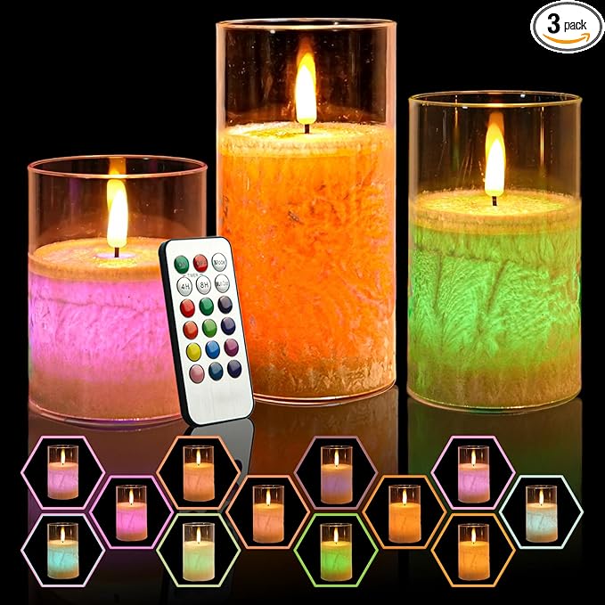 NICEME 3PCS LED Multi Colored Flameless Candles Acrylic Pillar Battery Operated Flickering Flame Color Changing Candles with Remote Control Real Wax Electric Fake Candles Ice Crystal, D3” x H4” 5" 6"