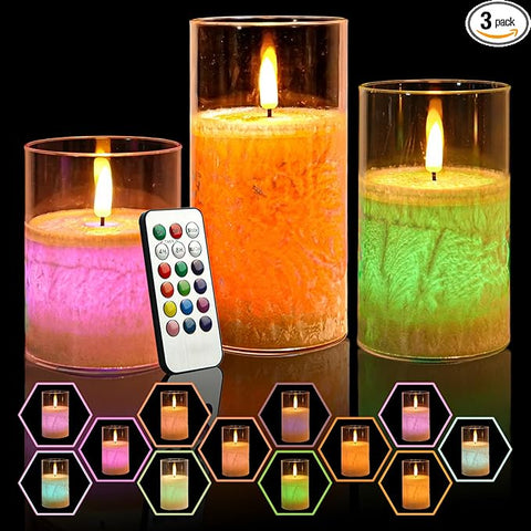 NICEME 3PCS LED Multi Colored Flameless Candles Acrylic Pillar Battery Operated Flickering Flame Color Changing Candles with Remote Control Real Wax Electric Fake Candles Ice Crystal, D3” x H4” 5" 6"